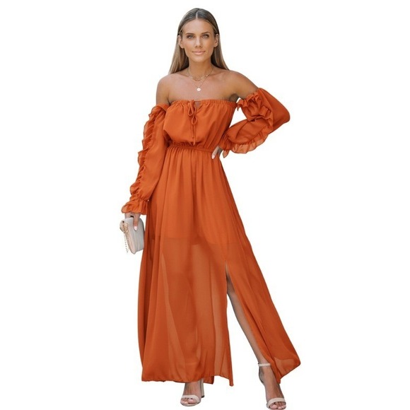 Womens Off Shoulder Maxi Dress Ruffle Sleeve Split Thigh Gown Burnt Orange - Picture 1 of 12